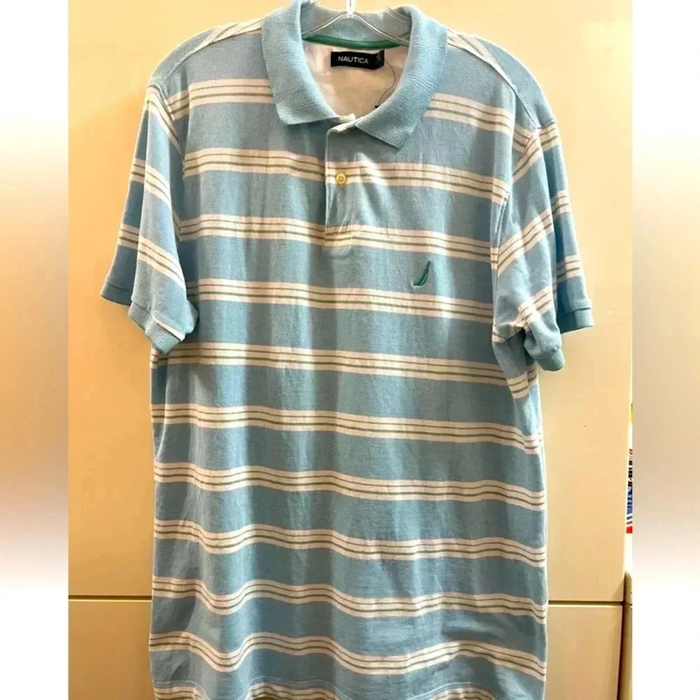 Nautica Mens Polo Shirt Size L Striped Logo Collared Rugby Blue Color